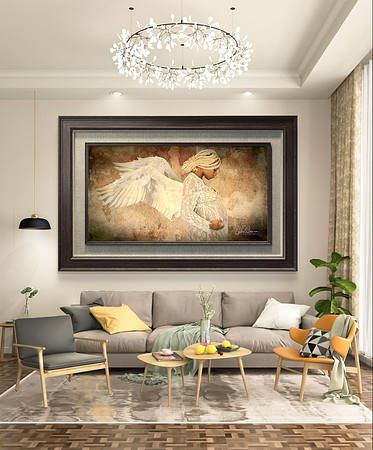 Pregnatt woman with wings, framed portrait hanging on wall, wearing white dress, African american