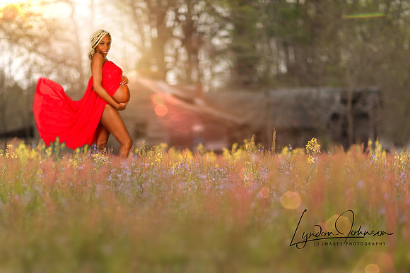 maternity portrait in red dress walking through a field of beautiful flowers