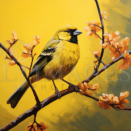 destinyunlimited_yellow_bird_on_branch_on_yellow_background_dra_f87cd469-4811-49b7-9b65-ebe4dca1ccaf-3